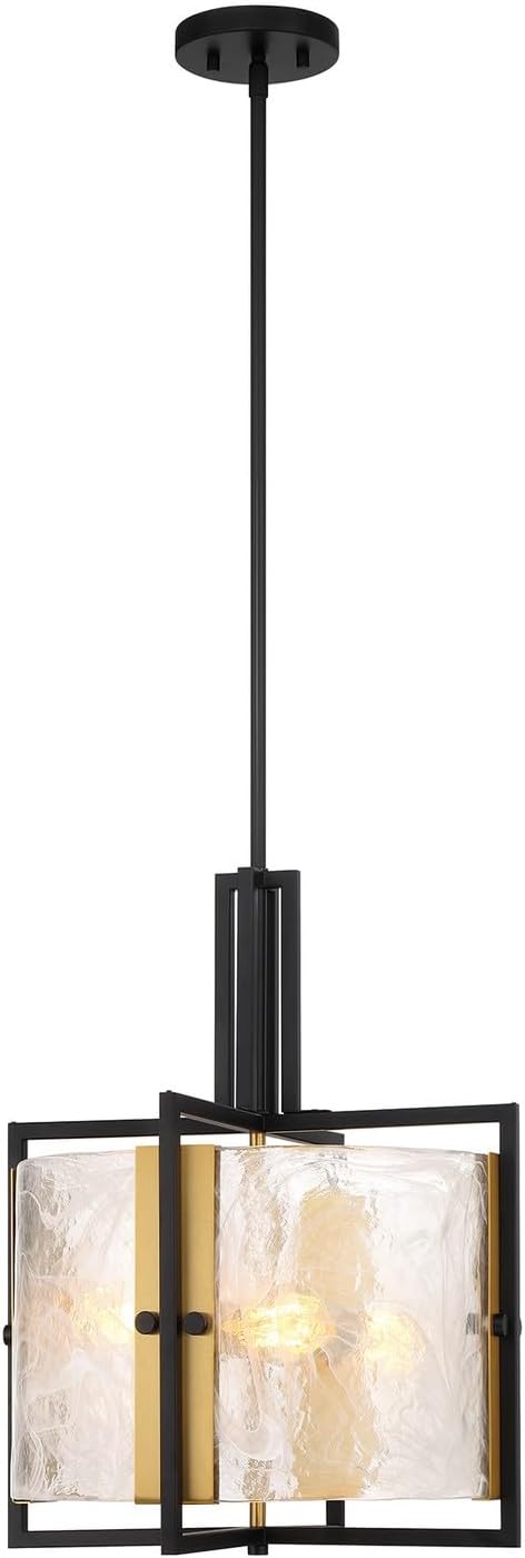 Savoy House 7-1699-3-143 Hayward Modern Strie Piastra Glass Drum Pendant, 3-Light 180 Total Watts, 20" H x 16" W, Matte Black & Warm Brass