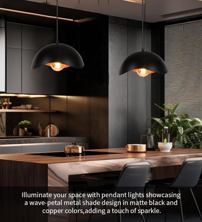 Modern Wave Pendant Light, 11" Black and Gold Dome Shade, LED Ceiling Light Fixture with Globe Bulb, Contemporary Hanging Light for Kitchen, Dining Room, Bedroom (2 Pack)