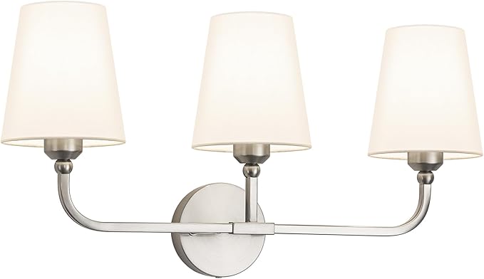 Bathroom Vanity Light, Brushed Nickel Bathroom Light Fixtures, 3-Light Lighting Fixtures Over Mirror, Modern Wall Sconce with Flared White Fabric Shade, E26 Socket(ETL Listed)