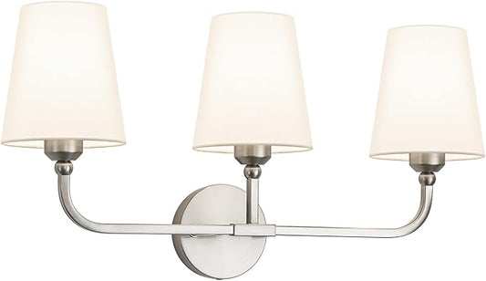 Bathroom Vanity Light, Brushed Nickel Bathroom Light Fixtures, 3-Light Lighting Fixtures Over Mirror, Modern Wall Sconce with Flared White Fabric Shade, E26 Socket(ETL Listed)
