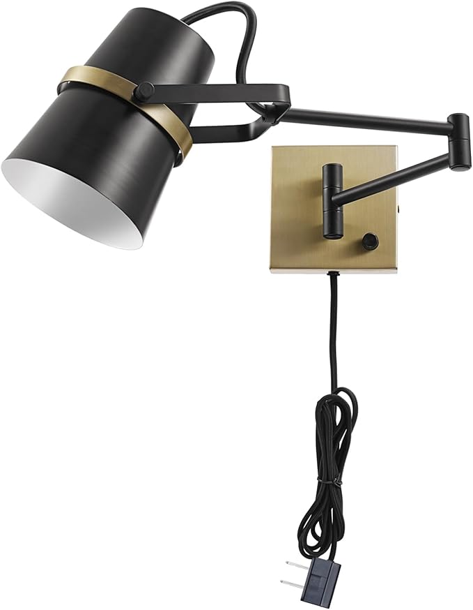 Globe Electric 51345 1-Light Plug-in or Hardwire Swing Arm Wall Sconce, Matte Black, Brass Accents, 6ft Woven Fabric Cord, Flat Plug, Rotary Switch, Modern Light for Apartments and Rental