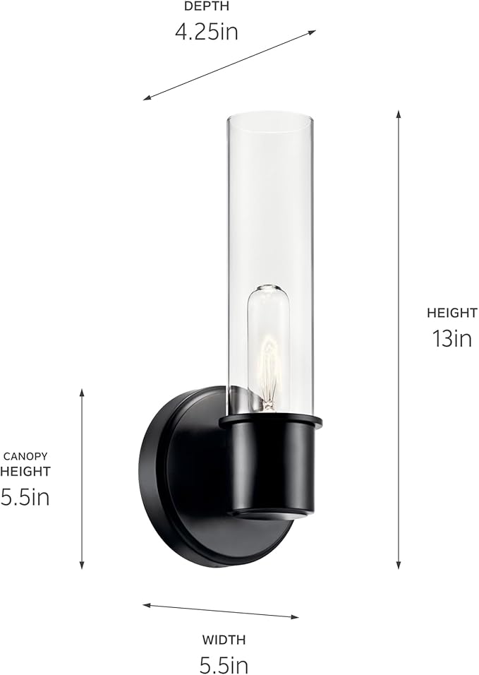 Kichler Aviv 1-Light Wall Sconce, Modern Light with Clear Glass in Black, for Bedroom, Laundry Room, Kitchen or Hallway (13" x 5.5"), 52653BK