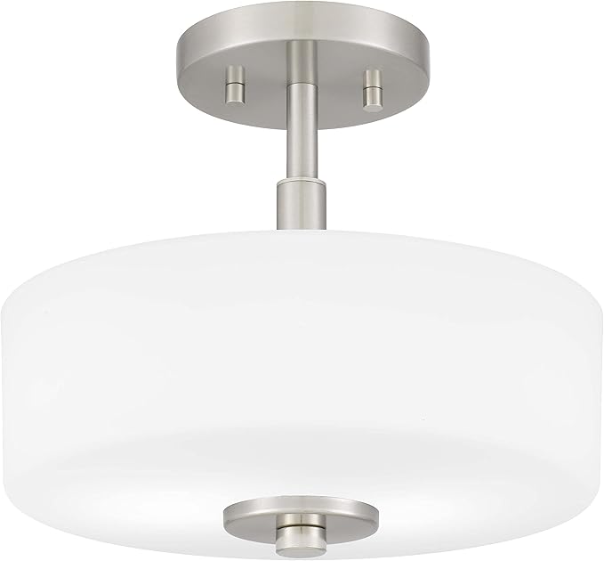 Tawson Abra 2-Light Semi Flush Mount Light with Etched Glass in Drump Shade Brushed Finish for Hallway, Entryway, Passway, Dining Room, Bedroom, Garage, Kitchen Island, Balcony