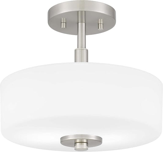 Tawson Abra 2-Light Semi Flush Mount Light with Etched Glass in Drump Shade Brushed Finish for Hallway, Entryway, Passway, Dining Room, Bedroom, Garage, Kitchen Island, Balcony