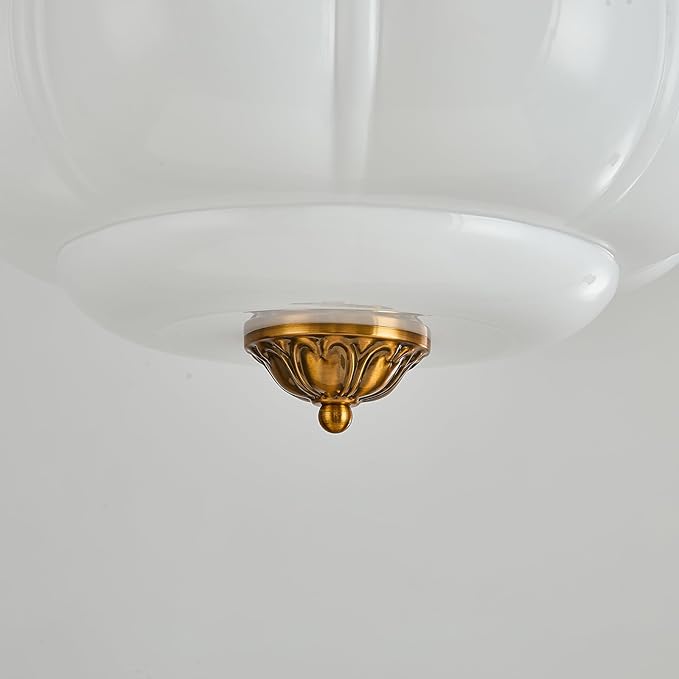 15-Inch Vintage Semi Flush Mount Ceiling Light, Milk Glass Chandelier with Antique Brass Finish, Mid Century Modern Schoolhouse Pendant Light Fixtures for Kitchen, Hallway, Dining Room