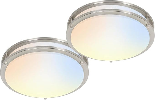 hykolity 16 inch Dimmable LED Flush Mount Ceiling Light Fixture, Nickel, 36W, 2200LM, 2.7/3/3.5/4K/5K Adjustbale, 120°Light Angle, CRI90, Ceiling Lamp for Bedroom, Kitchen, Office, ETL Listed 2Pack