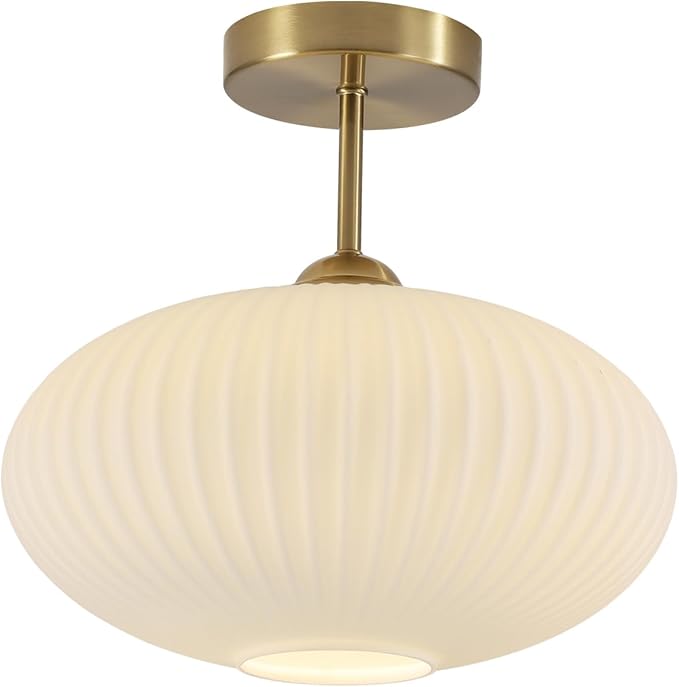 BOKT Vintage Gold Ceiling Lights Set of Two 9.8" Milk White Glass Semi Flush Mount Light Hallway Close to Ceiling Lights 2 Pack Mid Century Modern Ceiling Pendant Lights for Living Room Bedroom