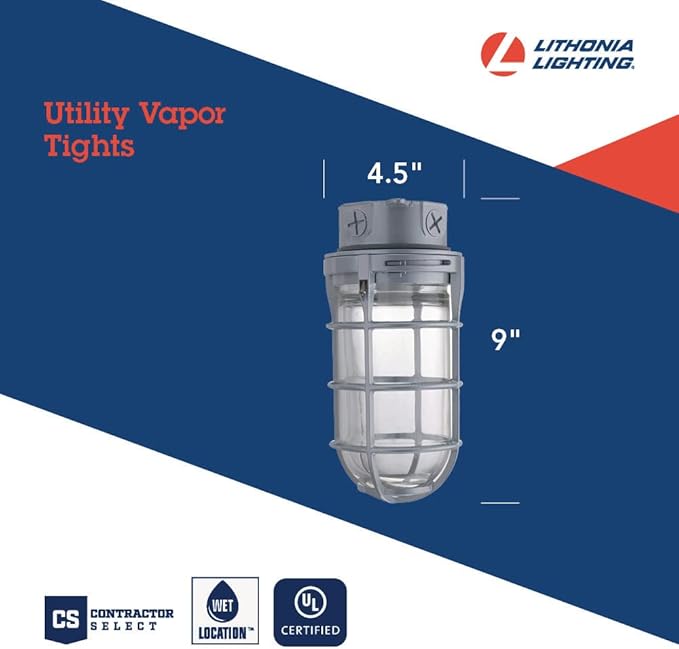 Lithonia Lighting Jelly Jar Light Fixture, Incandescent Utility Vapor Tight Ceiling Lamp, Industrial Style Wall Light for Indoor and Outdoor Use, 150W, 120V, Includes Junction Box, Grey (VC150I M12)