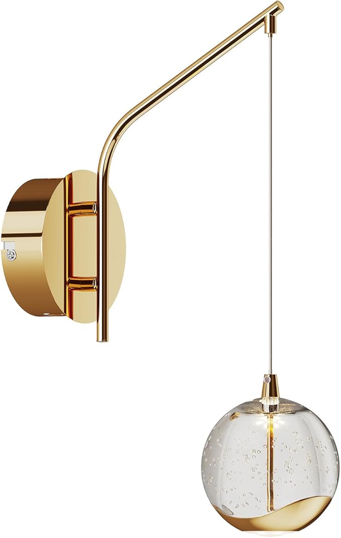 13" Gold Hanging Wall Sconce Vintage, Integrated LED Bubble Glass Globe, Modern Art Deco Hanging Wall Light for Bedroom, Living Room and Bathroom, 3000K Warm White, Hardwired