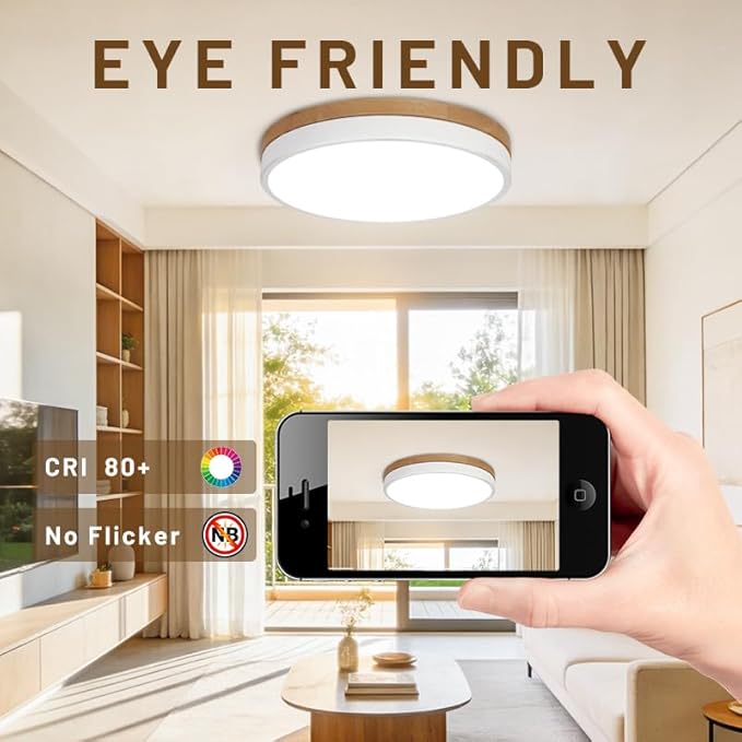 15.8 inch Dimmable Wood LED Flush Mount Ceiling Light Fixture,36W 3600LM,3000K/3500K/4000K/5000K/6000K CCT Selectable,Close to Ceiling Round Flat Panel Light for Bedroom,Hallway,Kitchen
