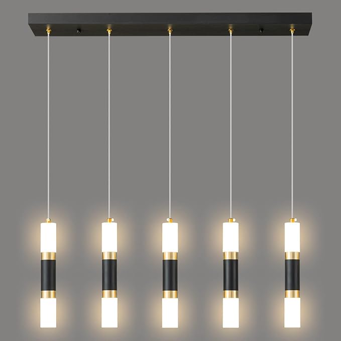 Modern Kitchen Island Dimmable LED Modern 5-Light Black Gold Pendant Light, Kitchen Island Dinning Room Black Pendant Light