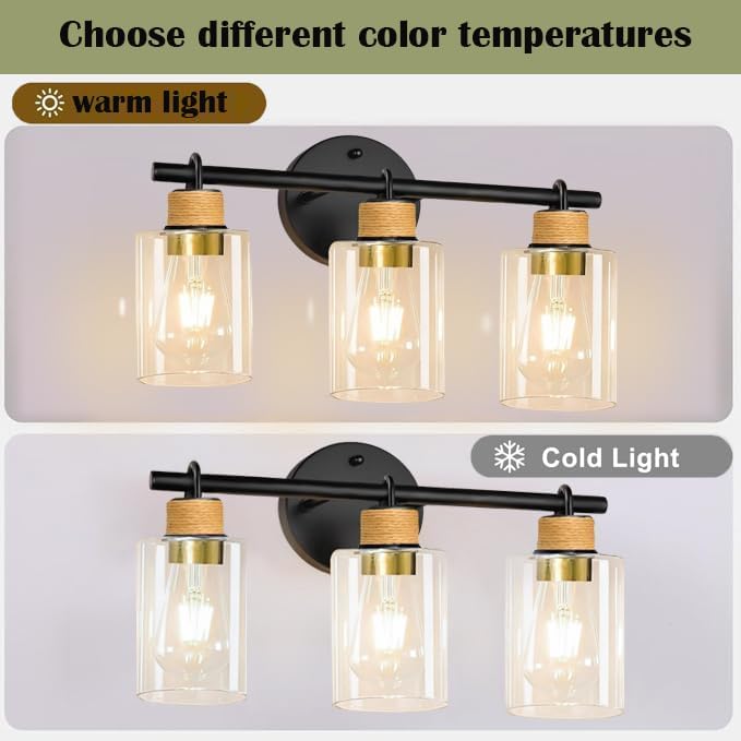 Bathroom Light Fixtures,3-Light Matte Black Vanity Light with Clear Glass Shade,Farmhouse Bathroom Lighting Fixtures Over Mirror,Wall Sconces for Bedroom Kitchen Cabinet Living Room Hallway