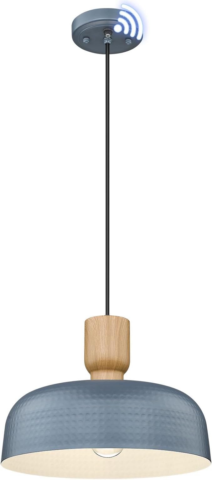 Industrial Pendant Lights, 12.4 inch Farmhouse Pendant Light with Dusk to Dawn Sensor, Adjustable Hanging Light Fixtures with Hammered Metal Shade for Kitchen Island, Blue