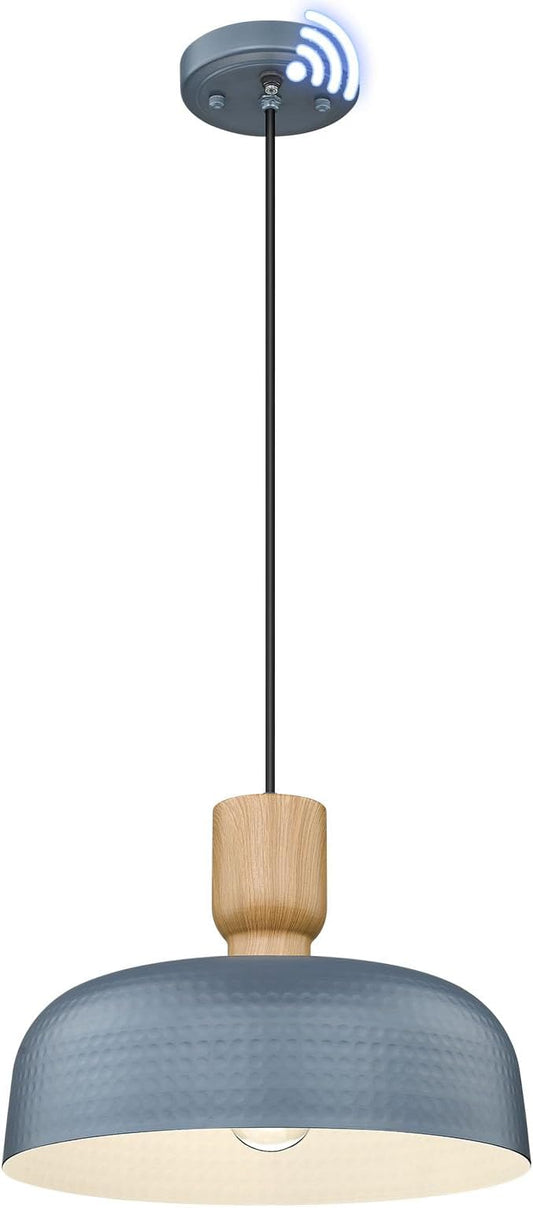 Industrial Pendant Lights, 12.4 inch Farmhouse Pendant Light with Dusk to Dawn Sensor, Adjustable Hanging Light Fixtures with Hammered Metal Shade for Kitchen Island, Blue