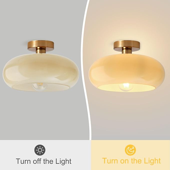 Brass Flush Mount Ceiling Light Mid Century Modern Ceiling Light fixtures Brushed Gold Milk Yellow Glass Semi Flush Mount Ceiling Light Farmhouse Hallway Dining Room Ceiling Lamp