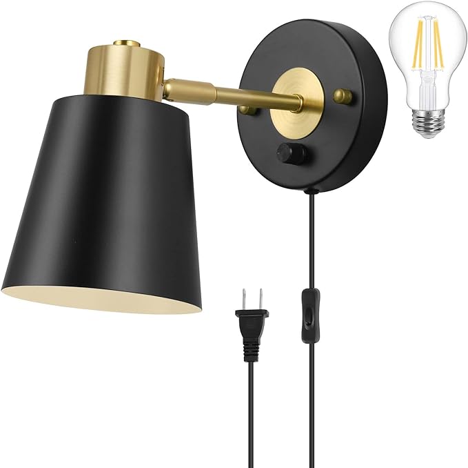 VATONI Plug in Wall Sconce, Dimmable Wall Sconce Adjustable Wall Lights with Plug in Cord and Dimmer On/Off Rotary Switch, Wall Mounted Light for Bedside Bedroom Doorway(One Bulb Included)