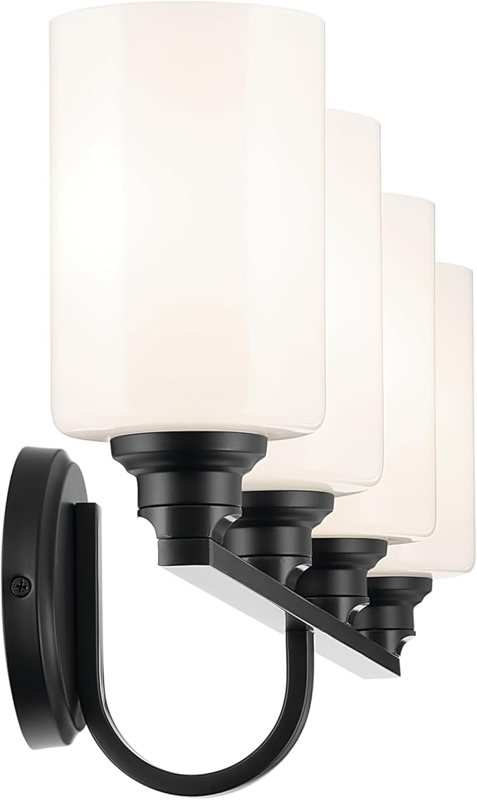 Kichler Gioe 4-Light Bathroom Vanity Light Fixture with Opal Glass in Black, Modern Wall Mount Over Mirror Lighting for Powder Room (32.25" W x 10.5" H), 55227BK