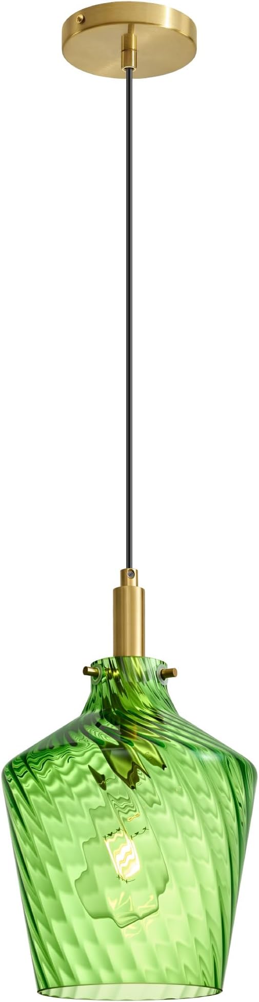Modern Stripes Green Glass Pendant Lighting for Kitchen Island 1 Pack, Farmhouse Gold Pendant Light Fixtures, Height Adjustable Ceiling Pendant Light, 8 Inch