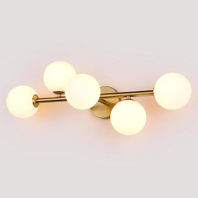 Gold Brass Globe Vanity Light - Vintage Milk Glass Wall Sconce - Sphere Alabaster Single Lights Fixture - Mid Century Modern White Wall Mounted Sconces for Bathroom Bedroom Living Room Entryway Porch