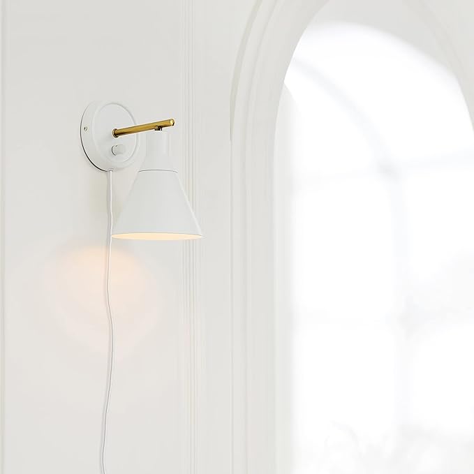 Globe Electric 65542 1-Light Plug-in or Hardwire Wall Sconce, Matte White, Brass Accent, Stepless Dimming Rotary Switch, Fabric Cord, Modern Lighting for Apartment or Renters, Home Decor
