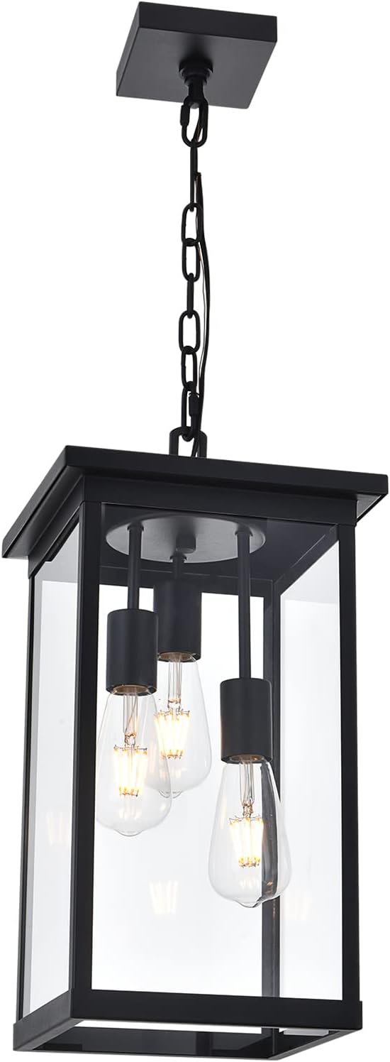 TODOLUZ 3-Light Black Outdoor Pendant Light Fixture, Adjustable Exterior Hanging Lantern Porch Light