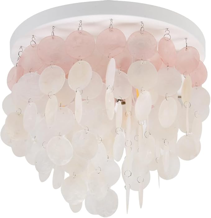 Capiz Shell Close to Ceiling Light 3-Light Coastal Flush Mount Ceiling Light Beachy Seashell Chandelier for Living Room Bedroom Kitchen Island Foyer Entryway White and Pink
