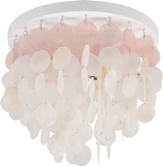 Capiz Shell Close to Ceiling Light 3-Light Coastal Flush Mount Ceiling Light Beachy Seashell Chandelier for Living Room Bedroom Kitchen Island Foyer Entryway White and Pink