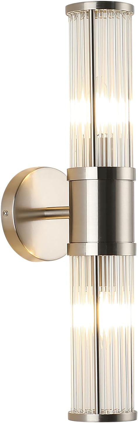Brushed Nickel Wall Sconce with Glass Rods - Modern Industrial Vanity Light Fixture, E12 Candelabra Base for Bathroom, Bedroom & Hallway (Bulbs Not Included)