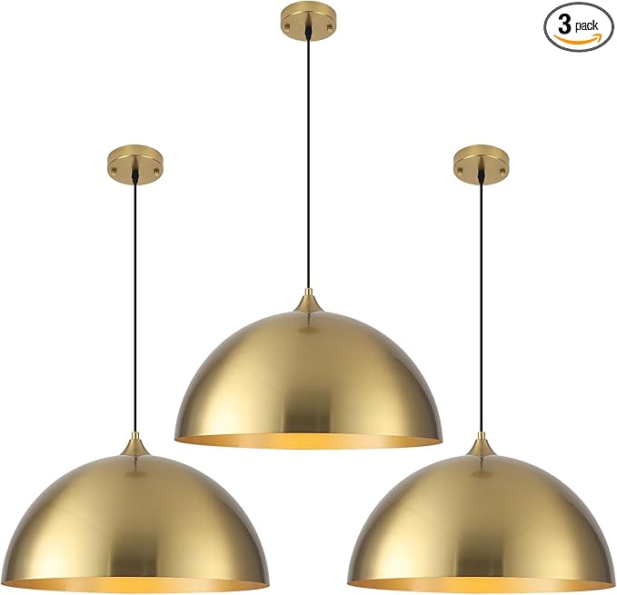 Gold Pendant Light 3 Packs, Gold Dome Pendant Light 16 inch, Large Pendant Lights Kitchen Island, Industrial Farmhouse Pendant Lights for Kitchen Island, Dining Room, Cafe, Bar