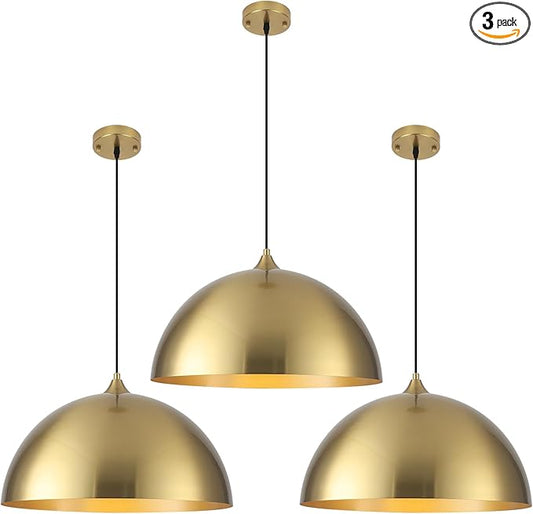Gold Pendant Light 3 Packs, Gold Dome Pendant Light 16 inch, Large Pendant Lights Kitchen Island, Industrial Farmhouse Pendant Lights for Kitchen Island, Dining Room, Cafe, Bar