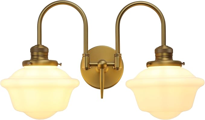 Pathson Vintage Milk White Wall Sconces, 2-Lights Hardwired Glass Bathroom Vanity Light Double Metal Curved Arms, Wall Painting Sconce Lamps Decor for Mirror, Living Room, Loft, Stairwell, Foyer