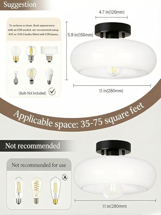 Semi Flush Mount Ceiling Light,11inch Mid-Century Modern Light Fixture,Black Hallway Light Fixtures with White Milk Glass Shade,Vintage Lighting fixtures for entryway,Bedroom,Kitchen,Porch