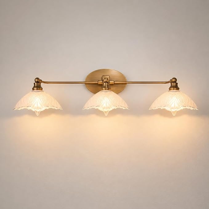 Bathroom Light fixtures Brass Vanity Light -3 Light Bathroom Vanity Light E12 Bulb Holder, 33.85 Inch Large White Light, Retro Luxury Bathroom Mirror Lighting