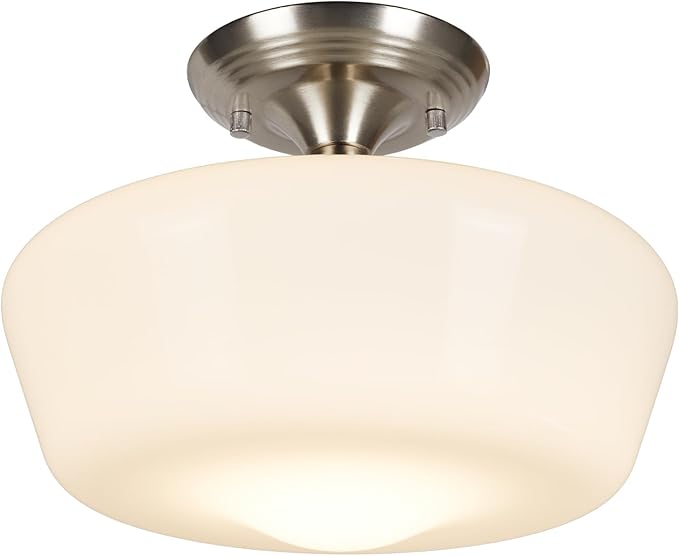 Schoolhouse Style Semi Flush Mount Ceiling Light Fixture, 12" Modern Hallway Ceiling Lamp with Opal Milk Glass Shade Brass, Farmhouse Globe Light for Bedroom Kitchen Hallway Entryway Laundry
