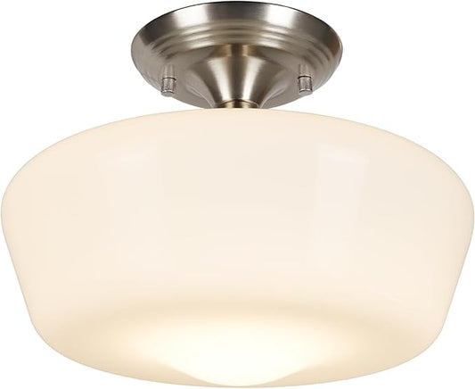 Schoolhouse Style Semi Flush Mount Ceiling Light Fixture, 12" Modern Hallway Ceiling Lamp with Opal Milk Glass Shade Brass, Farmhouse Globe Light for Bedroom Kitchen Hallway Entryway Laundry