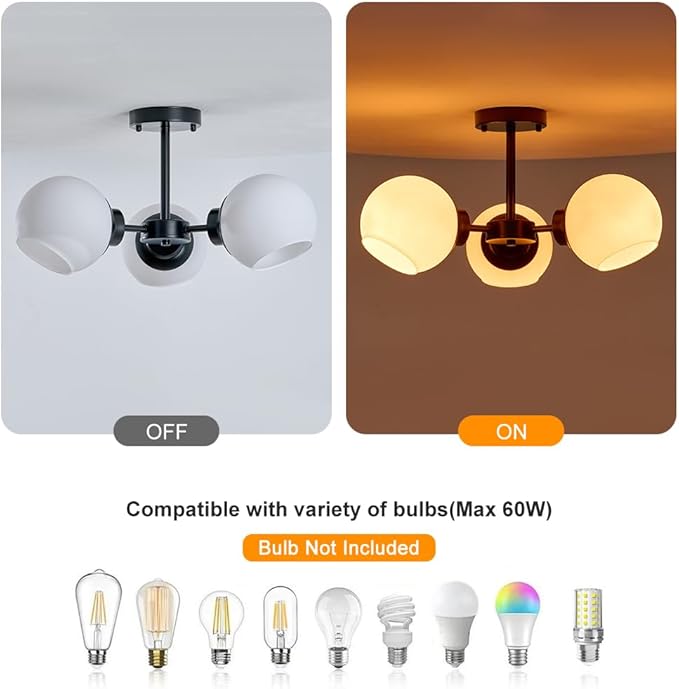 3 Light Sputnik Chandeliers Black Mid Century Semi Flush Mount Ceiling Light Frosted Globe Glass Modern Close to Ceiling Light Fixture for Bedroom Living Room Entryway Hallway