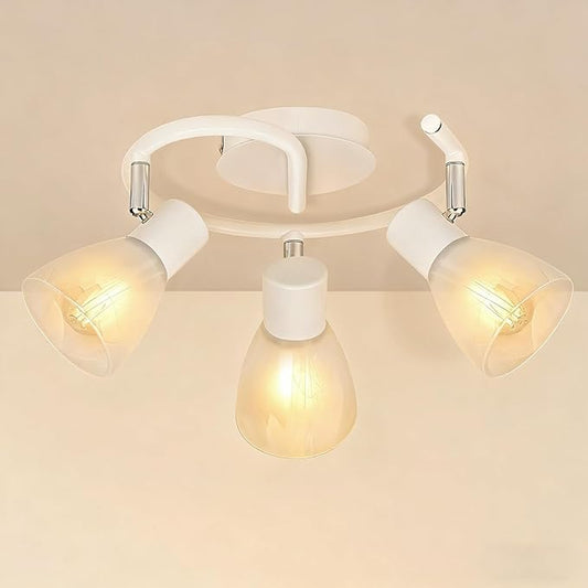 HiBay 3-Light Track Lighting, Modern Glass Ceiling Light Fixture White, Directional Flush Mount Spotlight Round for Kitchen, Bedroom, Living Room, E12 Base, No Bulbs