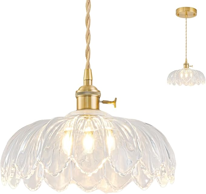 Glass Pendant Lights Kitchen Island, Vintage Brass Pendant Light Fixtures, Adjustable Transparent Kitchen Pendant Lighting Over Island for Bedroom Living Room Hallway Dining Room