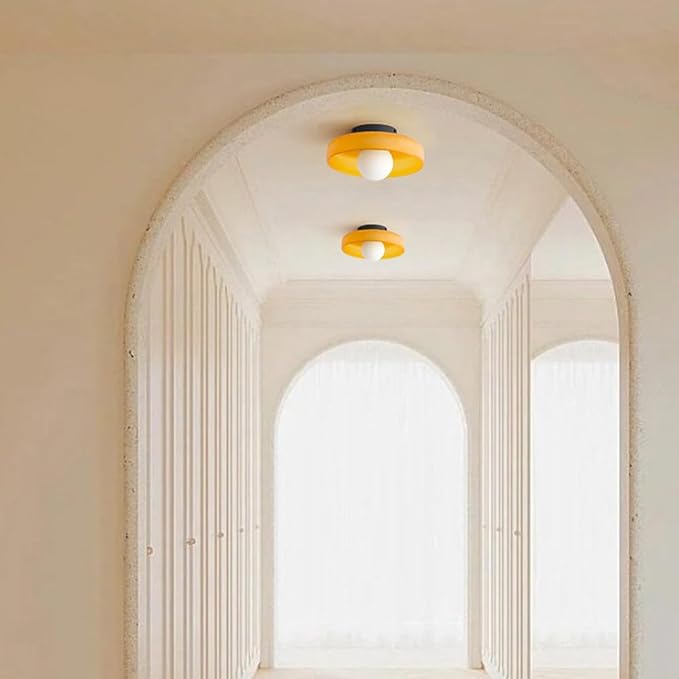 Mid Century Orange Glass Semi Flush Mount Ceiling Light with Milk Globe Nordic Modern Green Hallway Lighting Fixtures Round Bedside Wall Mount Lamp for Bedroom Cloakroom Stairway