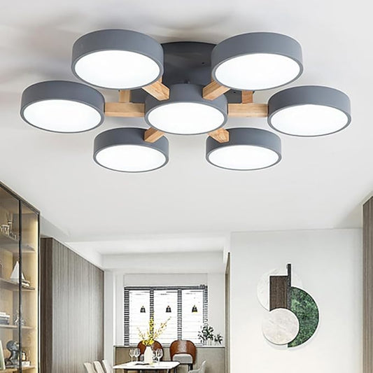 LED Ceiling Light Fixture,32 Inch 7-Lights Modern Ceiling Lights Flush Mount Wooden 84W Chandelier for Living Room Bedroom Kitchen,Dimmable 3000K/4000K/6000K Temperatures Selectable, Grey