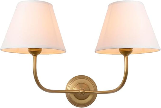 Vintage 2-Lights Fabric Sconces Wall Lighting with White Cloth Shade, Double Arm Wall Lamp Fixture for Living Room Bathroom Bedroom Hallway