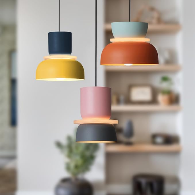 Nordic Modern Pendant Light Macaron Color Mid Century Hanging Light Fixture with Aluminum Shade Colorful Chandelier Ceiling Pendant Lights for Dining Room Kitchen (3-Light)