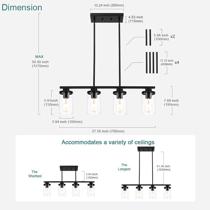 Kitchen Island Pendant Light,4-Light Dining Room Light Fixtures Over Table Vintage Black Flush Mount Ceiling Hanging Lighting with Glass Shade for Kitchen Island Dining Living Room