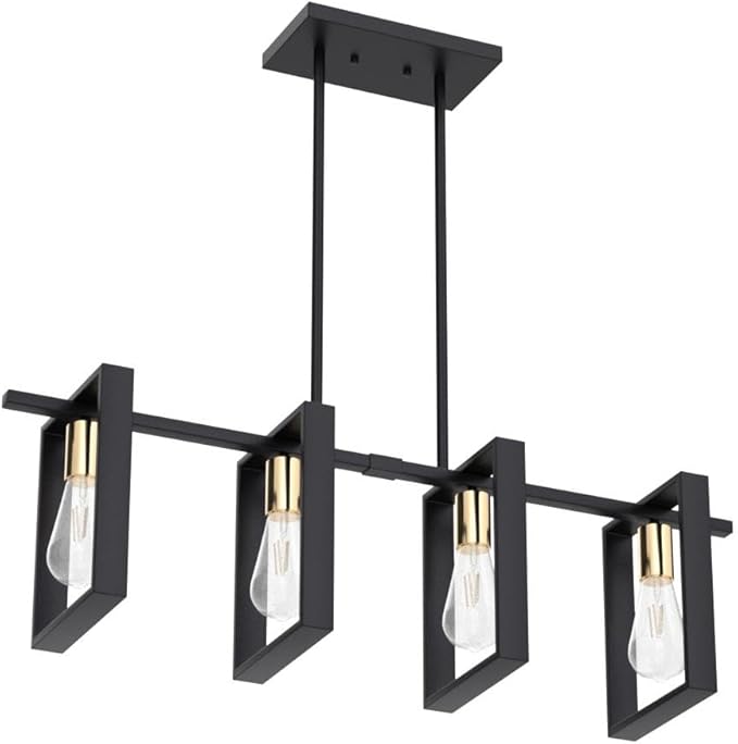 9MMML 4 Lights Wood Chandelier,Industrial Rectangle Linear Dining Room Pendant Light, Black Wood Frame+Gold E26 Socket,Kitchen Island Light for Hallway Bar Pool Table, Height Adjustable