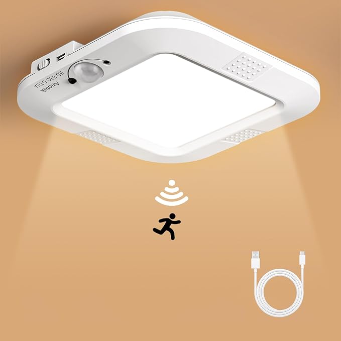 Rechargeable Motion Sensor Ceiling Light, 220LM 6000K Closet Lights Motion Sensored with USB Cable, 2000mAh Rechargeable Wireless for Stairway, Hallway, Pantry, Shower, Shed