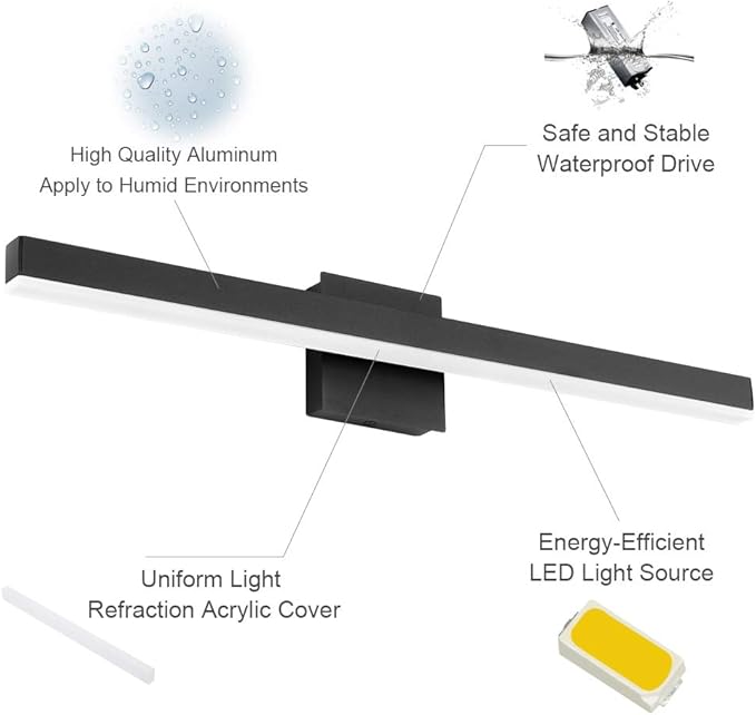 Aipsun 27.6 inch Modern Black Vanity Light LED Bathroom Vanity Light Fixtures Black Wall Light for Bathroom (White Light)