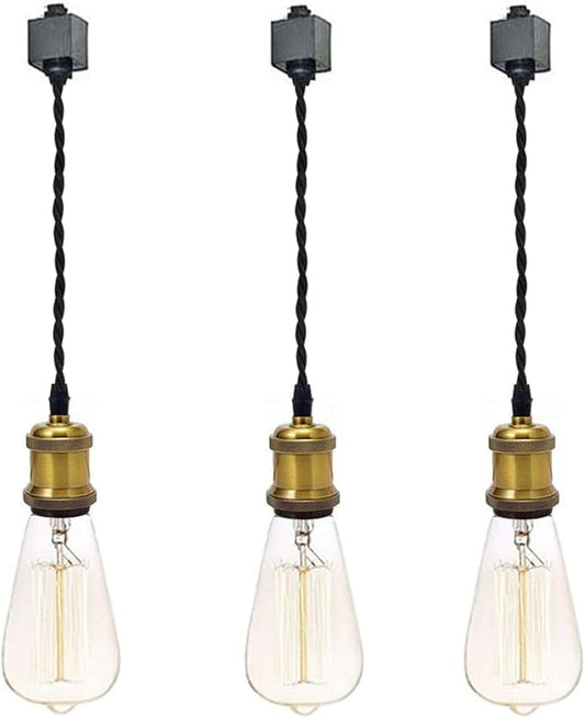 Kiven 3-Light H-Type Wire Track Light Pendants, 11.8 Inch Cord Length Black Weave Rope, Restaurant Chandelier Decorative Pendant Light Industrial Factory Pendant Lamp 3 Pack,Bulb Not Included（Gold）