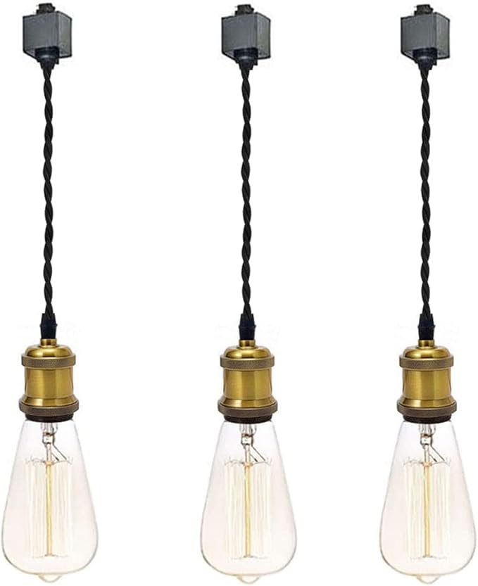 Kiven 3-Light H-Type Wire Track Light Pendants, 23.6 Inch Cord Length Black Weave Rope, Restaurant Chandelier Decorative Pendant Light Industrial Factory Pendant Lamp 3 Pack,Bulb Not Included（Gold）