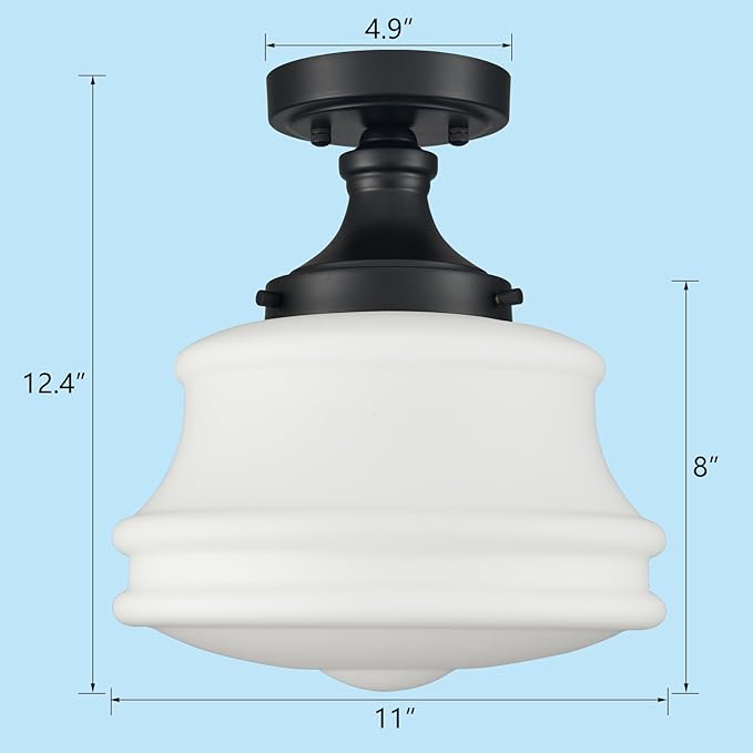 Black Schoolhouse Ceiling Light Milk Glass Semi Flush Mount Ceiling Light 11-Inch Modern Matte Black Schoolhouse Light Fixtures for Hallway Bedroom Bathroom Kitchen Foyer