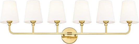 Bathroom Light Fixtures, 42 Inch Brushed Gold Vanity Lights with Flared White Fabric Shade, 6-Light Wall Sconce, Modern Sconces Wall Lighting for Hallway Bedroom, VL837-BG-6